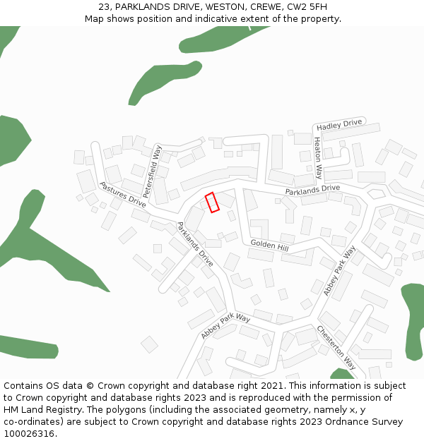 23, PARKLANDS DRIVE, WESTON, CREWE, CW2 5FH: Location map and indicative extent of plot