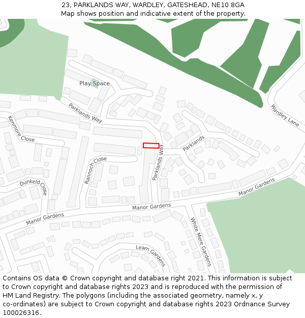 23, PARKLANDS WAY, WARDLEY, GATESHEAD, NE10 8GA: Location map and indicative extent of plot