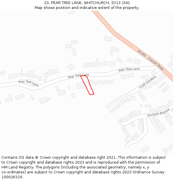 23, PEAR TREE LANE, WHITCHURCH, SY13 1NG: Location map and indicative extent of plot