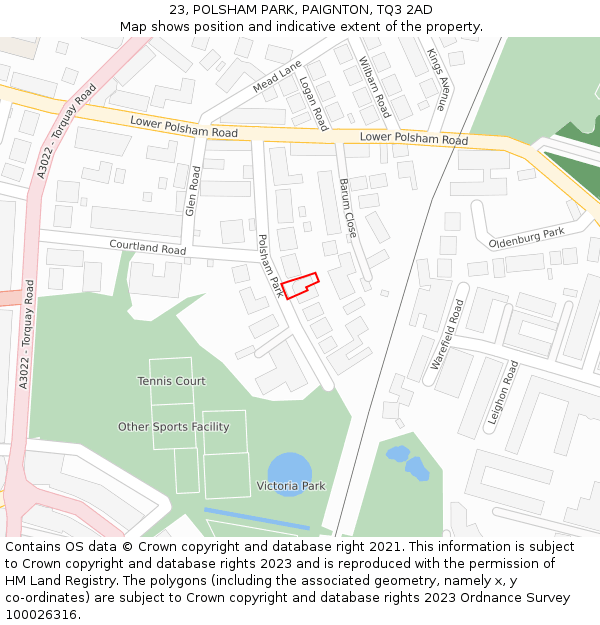 23, POLSHAM PARK, PAIGNTON, TQ3 2AD: Location map and indicative extent of plot