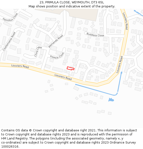 23, PRIMULA CLOSE, WEYMOUTH, DT3 6SL: Location map and indicative extent of plot