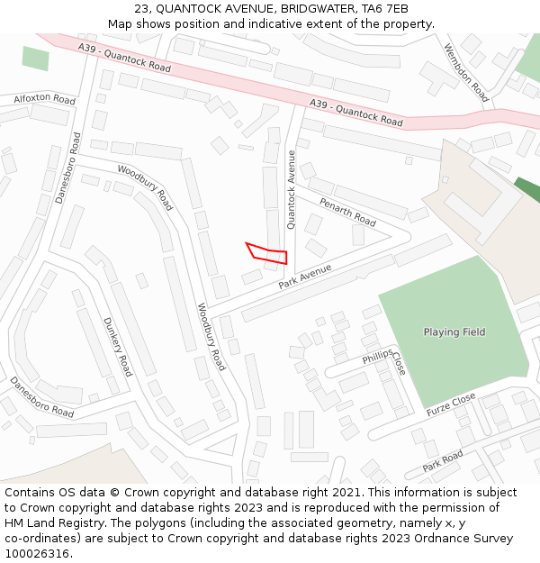 23, QUANTOCK AVENUE, BRIDGWATER, TA6 7EB: Location map and indicative extent of plot