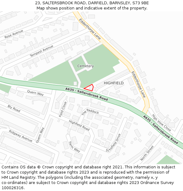 23, SALTERSBROOK ROAD, DARFIELD, BARNSLEY, S73 9BE: Location map and indicative extent of plot