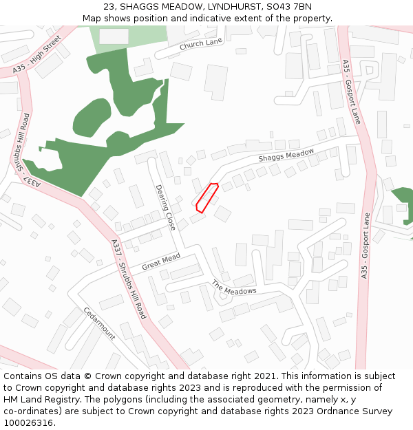 23, SHAGGS MEADOW, LYNDHURST, SO43 7BN: Location map and indicative extent of plot