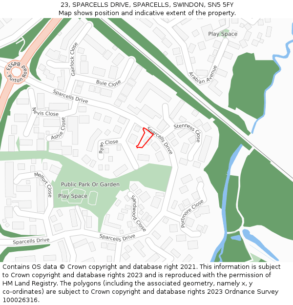 23, SPARCELLS DRIVE, SPARCELLS, SWINDON, SN5 5FY: Location map and indicative extent of plot