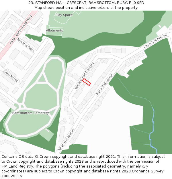 23, STANFORD HALL CRESCENT, RAMSBOTTOM, BURY, BL0 9FD: Location map and indicative extent of plot