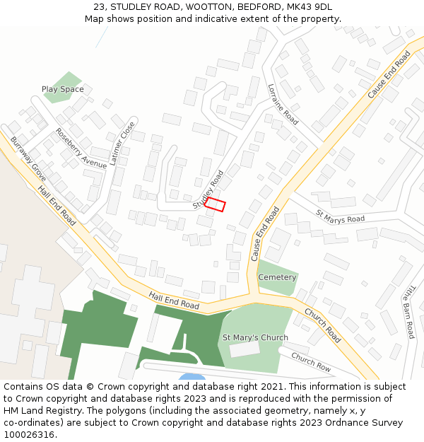 23, STUDLEY ROAD, WOOTTON, BEDFORD, MK43 9DL: Location map and indicative extent of plot