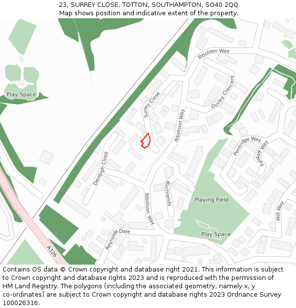 23, SURREY CLOSE, TOTTON, SOUTHAMPTON, SO40 2QQ: Location map and indicative extent of plot