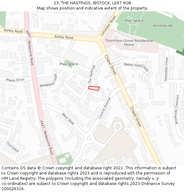 23, THE HASTINGS, IBSTOCK, LE67 6GB: Location map and indicative extent of plot