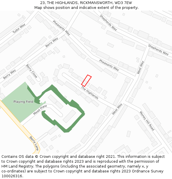 23, THE HIGHLANDS, RICKMANSWORTH, WD3 7EW: Location map and indicative extent of plot