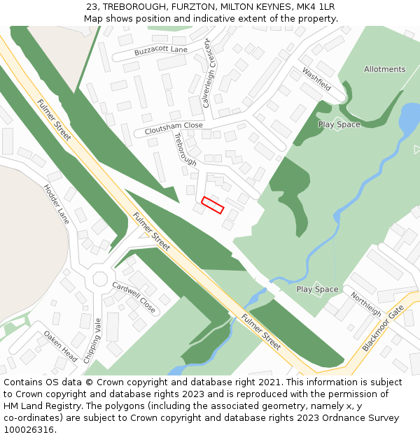 23, TREBOROUGH, FURZTON, MILTON KEYNES, MK4 1LR: Location map and indicative extent of plot