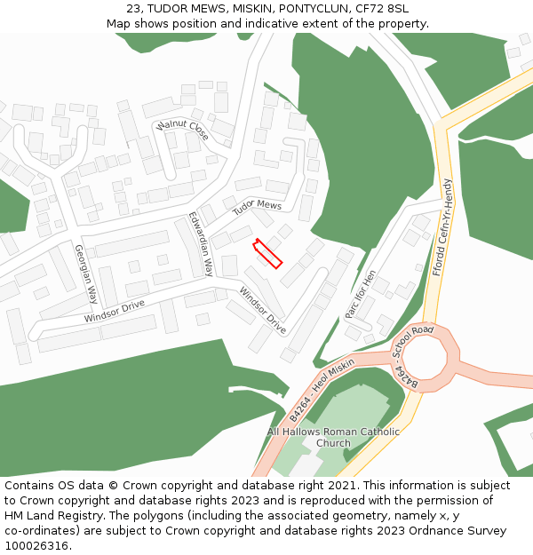 23, TUDOR MEWS, MISKIN, PONTYCLUN, CF72 8SL: Location map and indicative extent of plot