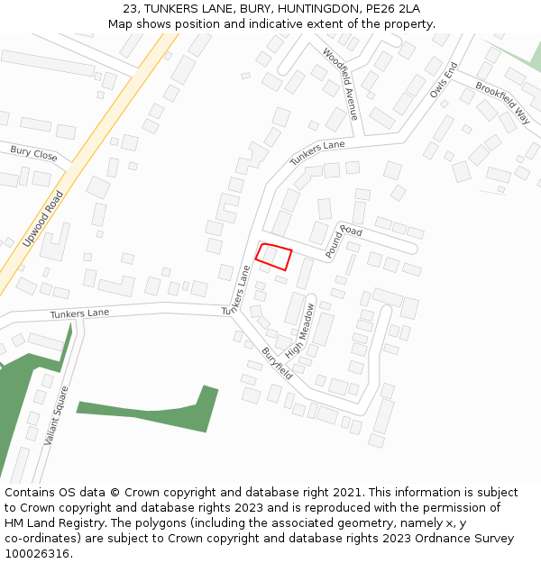 23, TUNKERS LANE, BURY, HUNTINGDON, PE26 2LA: Location map and indicative extent of plot