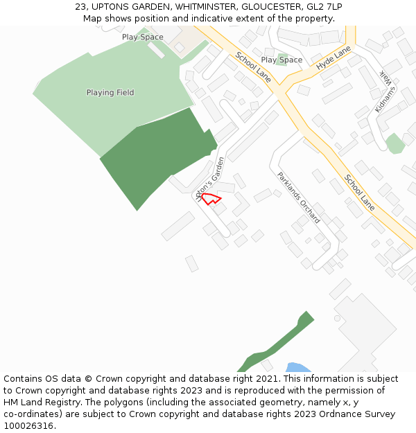 23, UPTONS GARDEN, WHITMINSTER, GLOUCESTER, GL2 7LP: Location map and indicative extent of plot