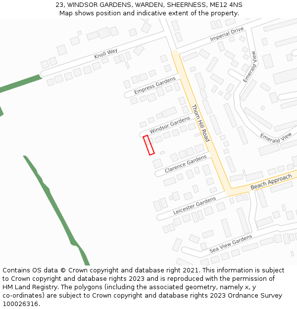 23, WINDSOR GARDENS, WARDEN, SHEERNESS, ME12 4NS: Location map and indicative extent of plot