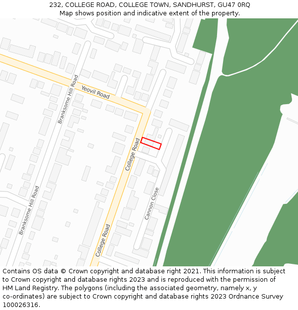 232, COLLEGE ROAD, COLLEGE TOWN, SANDHURST, GU47 0RQ: Location map and indicative extent of plot