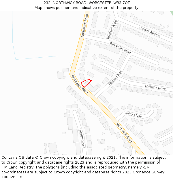 232, NORTHWICK ROAD, WORCESTER, WR3 7QT: Location map and indicative extent of plot