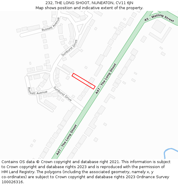 232, THE LONG SHOOT, NUNEATON, CV11 6JN: Location map and indicative extent of plot