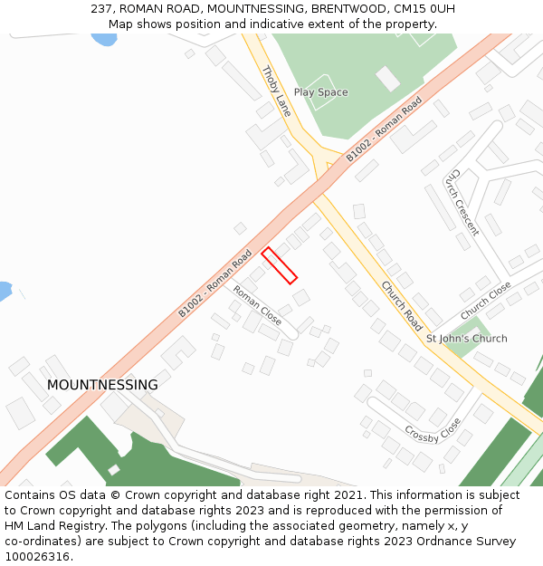 237, ROMAN ROAD, MOUNTNESSING, BRENTWOOD, CM15 0UH: Location map and indicative extent of plot