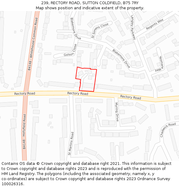 239, RECTORY ROAD, SUTTON COLDFIELD, B75 7RY: Location map and indicative extent of plot