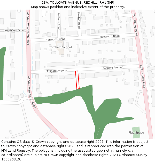 23A, TOLLGATE AVENUE, REDHILL, RH1 5HR: Location map and indicative extent of plot