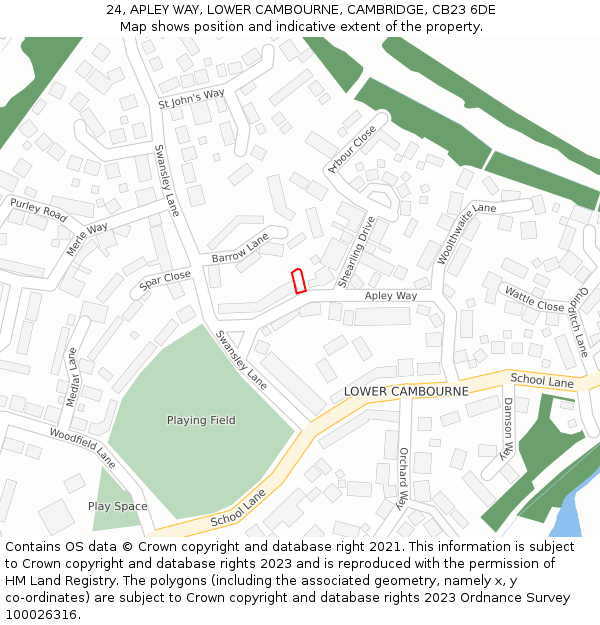 24, APLEY WAY, LOWER CAMBOURNE, CAMBRIDGE, CB23 6DE: Location map and indicative extent of plot