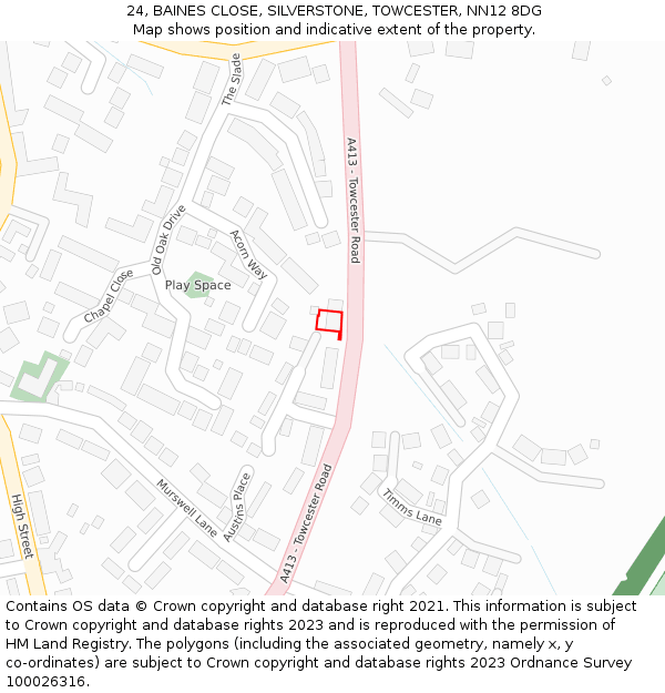 24, BAINES CLOSE, SILVERSTONE, TOWCESTER, NN12 8DG: Location map and indicative extent of plot