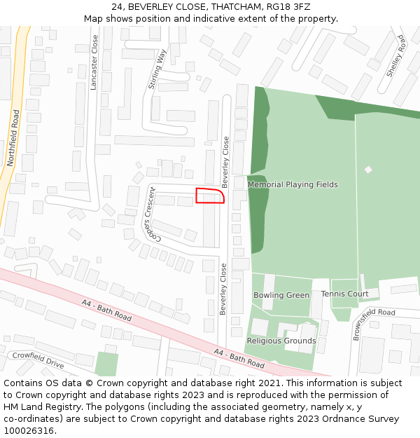 24, BEVERLEY CLOSE, THATCHAM, RG18 3FZ: Location map and indicative extent of plot