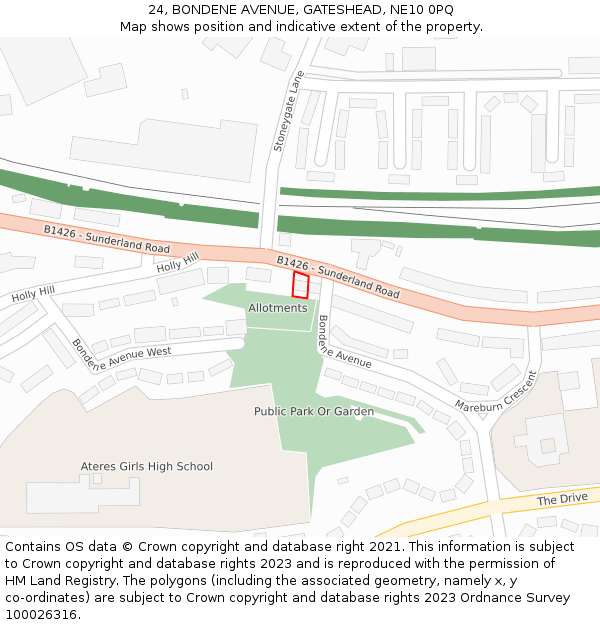 24, BONDENE AVENUE, GATESHEAD, NE10 0PQ: Location map and indicative extent of plot