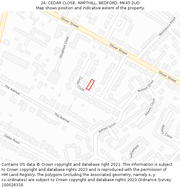 24, CEDAR CLOSE, AMPTHILL, BEDFORD, MK45 2UD: Location map and indicative extent of plot