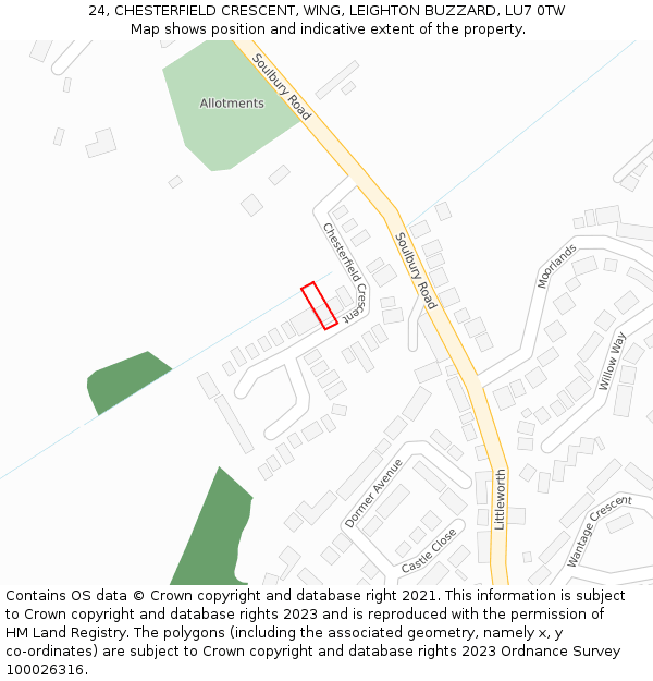 24, CHESTERFIELD CRESCENT, WING, LEIGHTON BUZZARD, LU7 0TW: Location map and indicative extent of plot