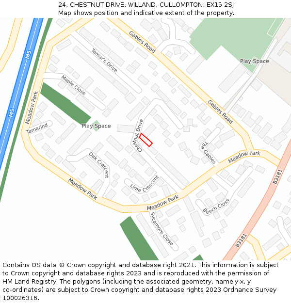 24, CHESTNUT DRIVE, WILLAND, CULLOMPTON, EX15 2SJ: Location map and indicative extent of plot