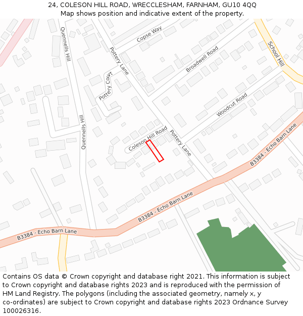 24, COLESON HILL ROAD, WRECCLESHAM, FARNHAM, GU10 4QQ: Location map and indicative extent of plot