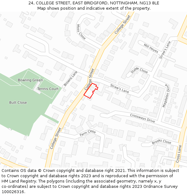 24, COLLEGE STREET, EAST BRIDGFORD, NOTTINGHAM, NG13 8LE: Location map and indicative extent of plot