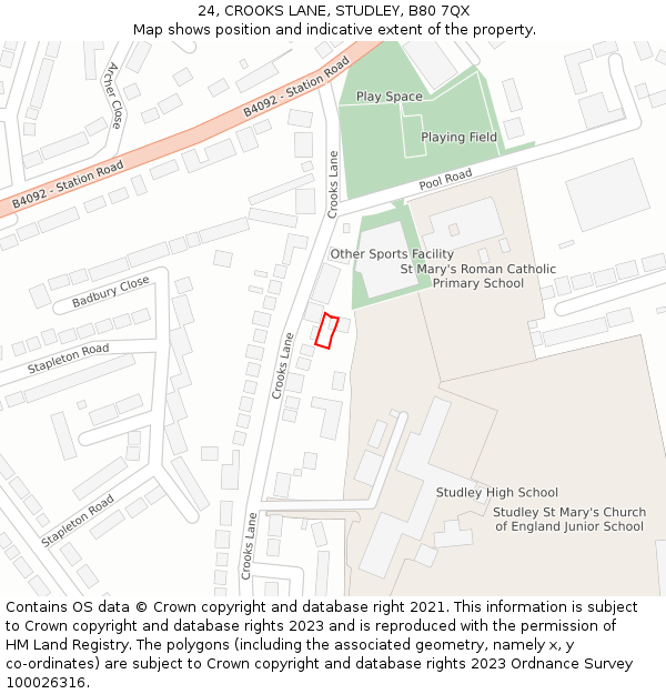 24, CROOKS LANE, STUDLEY, B80 7QX: Location map and indicative extent of plot