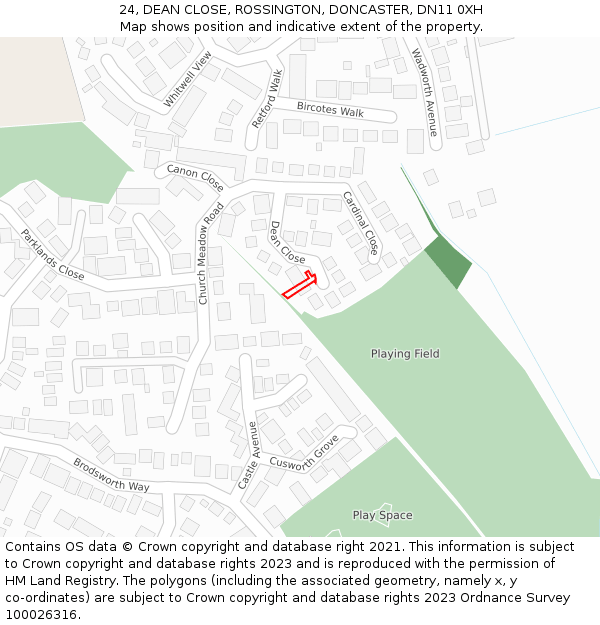 24, DEAN CLOSE, ROSSINGTON, DONCASTER, DN11 0XH: Location map and indicative extent of plot