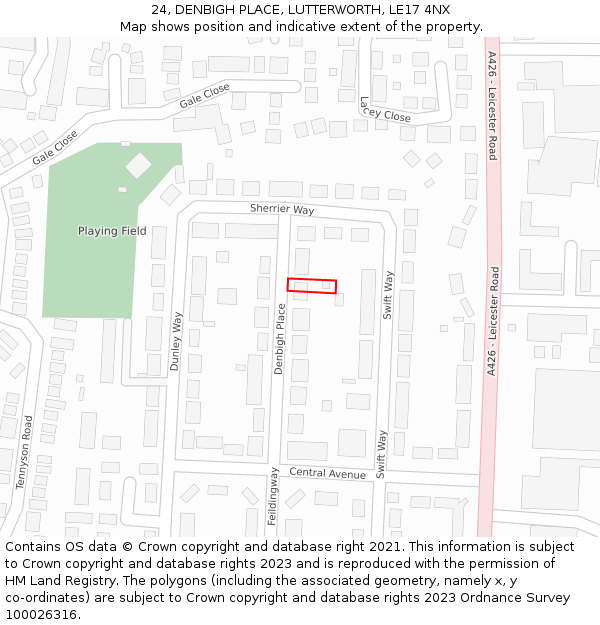 24, DENBIGH PLACE, LUTTERWORTH, LE17 4NX: Location map and indicative extent of plot