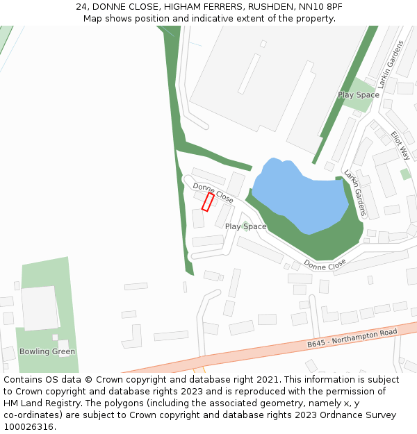 24, DONNE CLOSE, HIGHAM FERRERS, RUSHDEN, NN10 8PF: Location map and indicative extent of plot