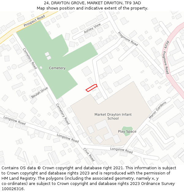 24, DRAYTON GROVE, MARKET DRAYTON, TF9 3AD: Location map and indicative extent of plot