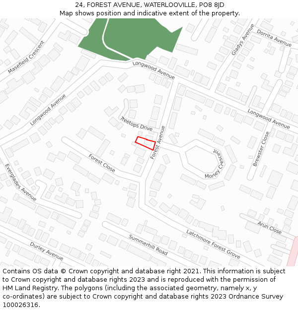 24, FOREST AVENUE, WATERLOOVILLE, PO8 8JD: Location map and indicative extent of plot