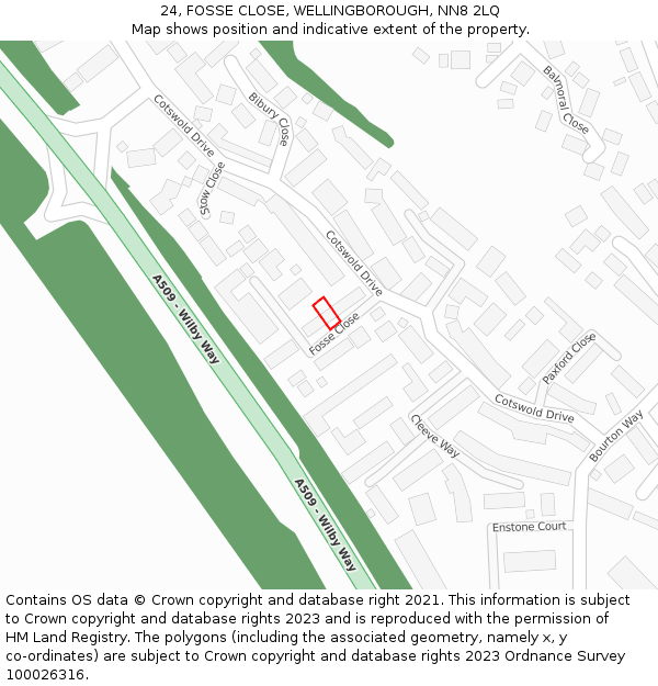 24, FOSSE CLOSE, WELLINGBOROUGH, NN8 2LQ: Location map and indicative extent of plot