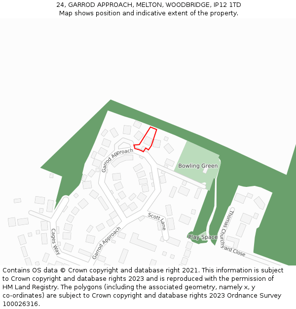 24, GARROD APPROACH, MELTON, WOODBRIDGE, IP12 1TD: Location map and indicative extent of plot