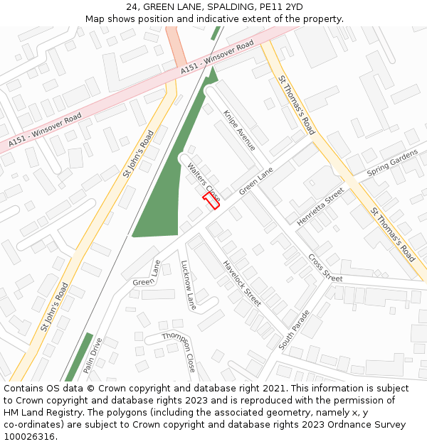 24, GREEN LANE, SPALDING, PE11 2YD: Location map and indicative extent of plot