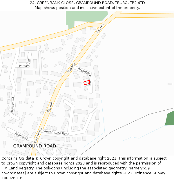 24, GREENBANK CLOSE, GRAMPOUND ROAD, TRURO, TR2 4TD: Location map and indicative extent of plot