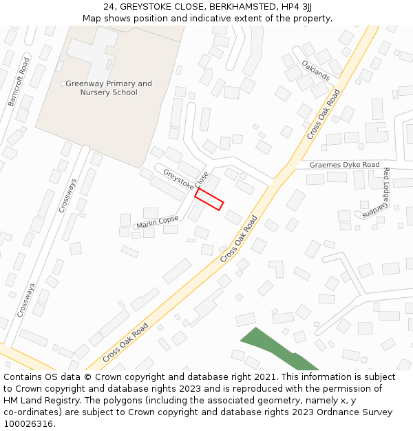 24, GREYSTOKE CLOSE, BERKHAMSTED, HP4 3JJ: Location map and indicative extent of plot