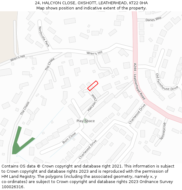 24, HALCYON CLOSE, OXSHOTT, LEATHERHEAD, KT22 0HA: Location map and indicative extent of plot