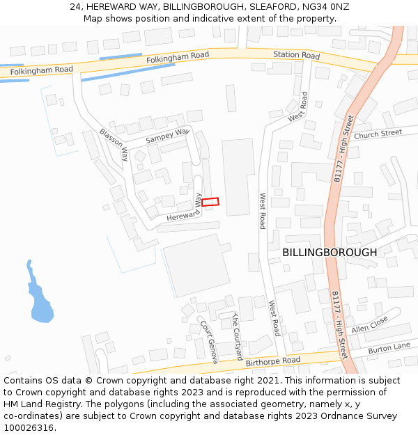 24, HEREWARD WAY, BILLINGBOROUGH, SLEAFORD, NG34 0NZ: Location map and indicative extent of plot