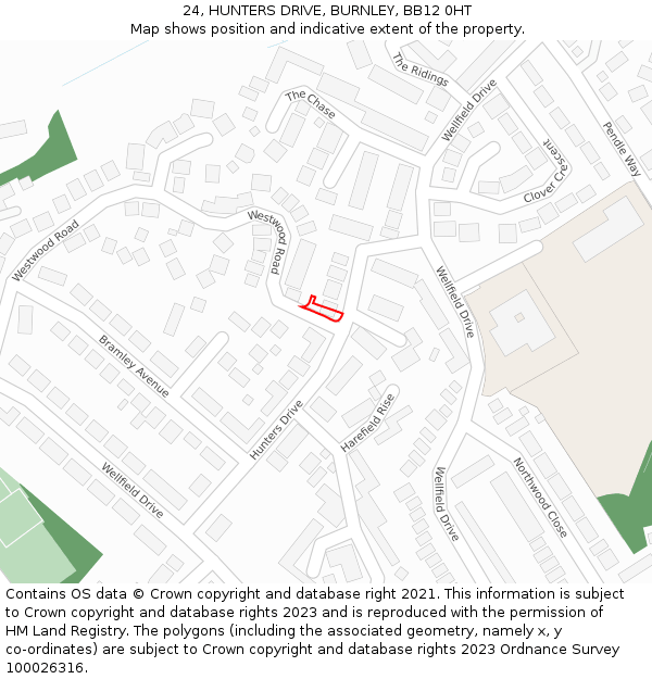 24, HUNTERS DRIVE, BURNLEY, BB12 0HT: Location map and indicative extent of plot