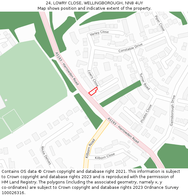 24, LOWRY CLOSE, WELLINGBOROUGH, NN8 4UY: Location map and indicative extent of plot