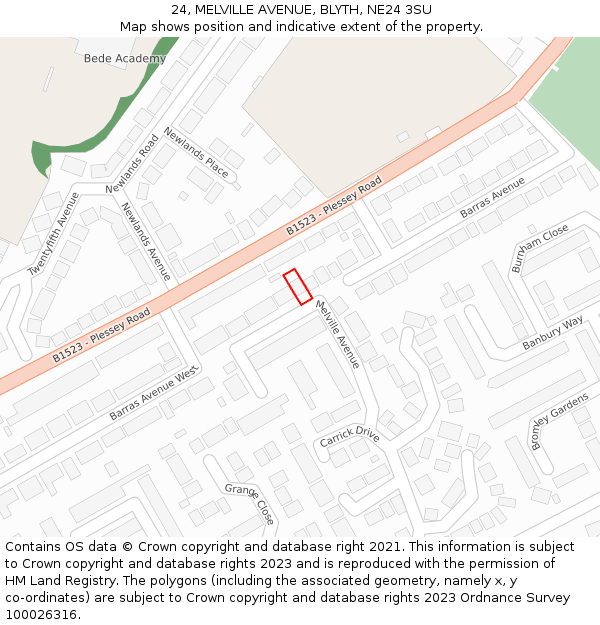 24, MELVILLE AVENUE, BLYTH, NE24 3SU: Location map and indicative extent of plot